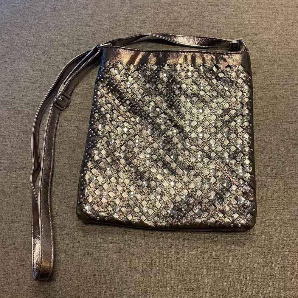 Metallic iridescent rhinestoned crossbody